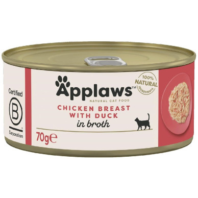 APPLAWS Natural – conservă hrană umedă complementară pentru pisici, piept de pui și rață în supă, 70 g
